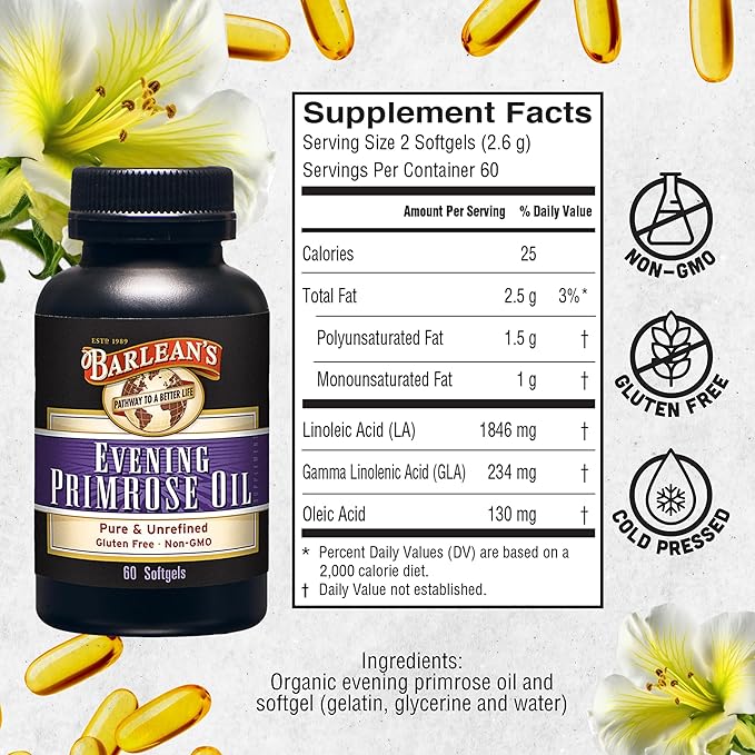 Barlean's Evening Primrose Oil Softgels with Gamma-Linolenic Acid (GLA) - Non-GMO, Gluten-Free - 60-Softgels