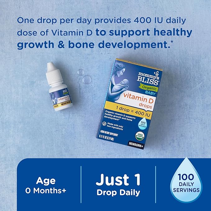 Mommy's Bliss Organic Baby Vitamin D Drops | Promotes Healthy Growth and Bone Development | Age Newborn+ | 0.11 Fl Oz (100 Servings)