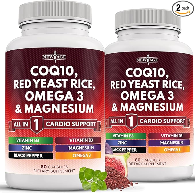 NEW AGE COQ10 200mg Red Yeast Rice 3000mg Omega 3-6-9 3000mg Magnesium Complex 500mg Zinc Vitamin K2 D3 - Vitamins for Women and Men with Vitamin B3, Coenzyme Q10-120 Count