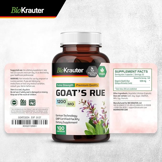 BIO KRAUTER Goats Rue Lactation Support Capsules 1200 mg - 100 Count - Goats Rue Capsules - Natural Breastfeeding Supplements