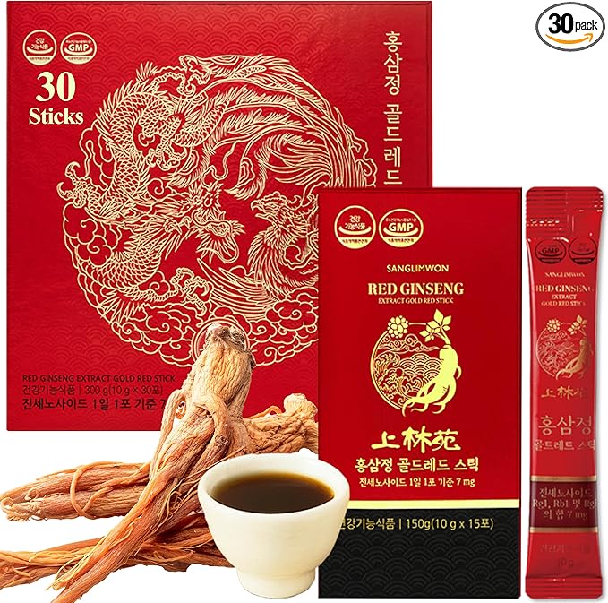 Korean Food Sanglimwon Red Ginseng Gold Stick, 7mg Ginsenosides, 30 Sticks, Korean Panax Ginseng Extract for Vitality and Wellness, 상림원 홍삼, Total 300ml (10.14 fl oz)