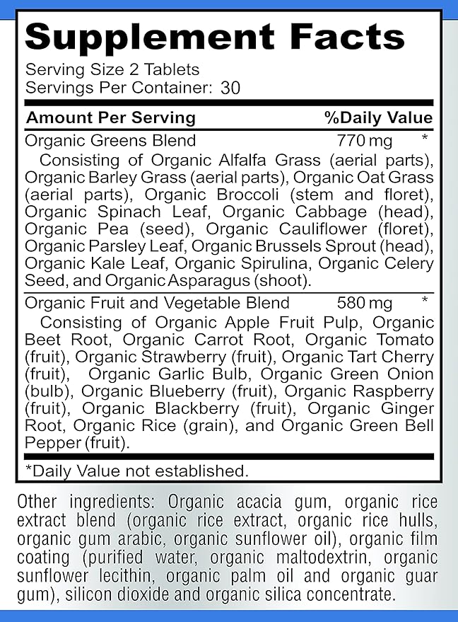 Fruit and Veggie Superfood Greens - 28 Fruits and Vegetables incl. Alfalfa, Barley Grass, Spirulina, Beet Root, Tart Cherry, Concentrated Natural Antioxidants- 60 Tablets