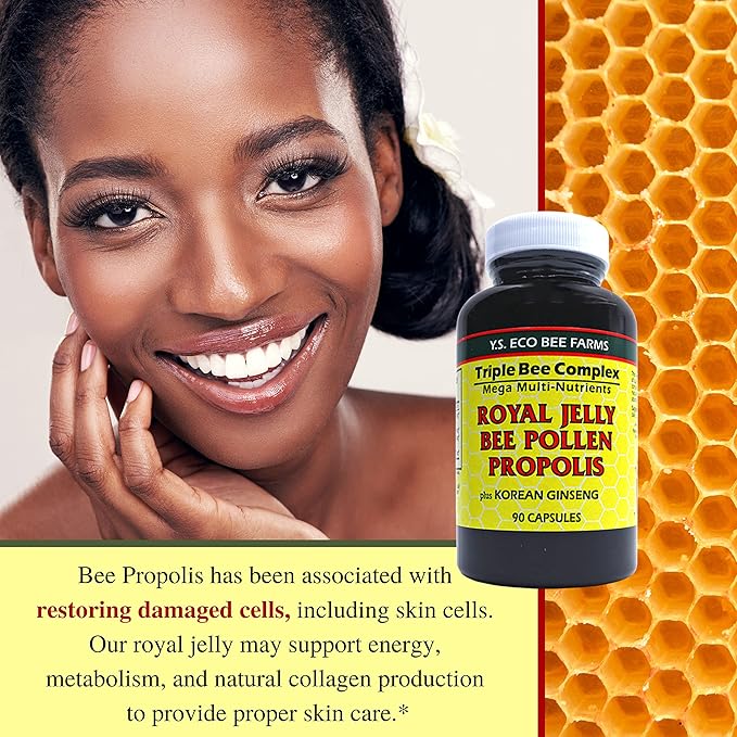 Worldwide Nutrition Y.S. Eco Bee Farms Triple Bee Complex Royal Jelly Bee Pollen Propolis with Korean Ginseng - Health and Wellness Organic Bee Pollen Supplement - 90 Ct w/Multi Purpose Key Chain