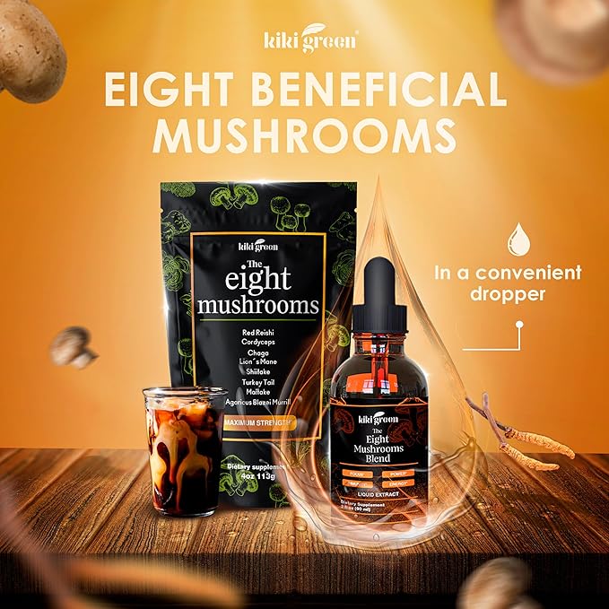 Kiki Green 8 Mushrooms Liquid Extract Drops - Adaptogenic Complex for Cognitive Support, Immunity Boost - Lions Mane Supplement, Cordyceps, Chaga, Reishi, Shiitake, Maitake, Red Reishi