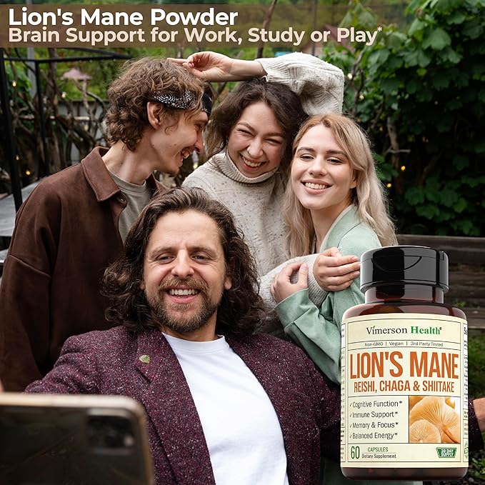 Lions Mane Supplement Capsules - Mushroom Powder Blend with Lions Mane Powder, Turkey Tail, Shiitake Mushrooms & More. Focus & Energy Supplements for Mood & Immune Support. Non-GMO. 60 Vegan Capsules