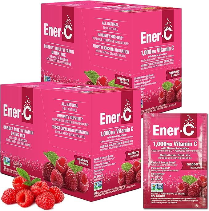 Ener-C Multivitamin Drink Mix - Vitamin Packets for Water, Electrolytes Powder Packets, Vitamin Drink Mix, Hydration Liquid Mix, Immune Booster for Adults, Healthy Energy - Raspberry, 60 Count