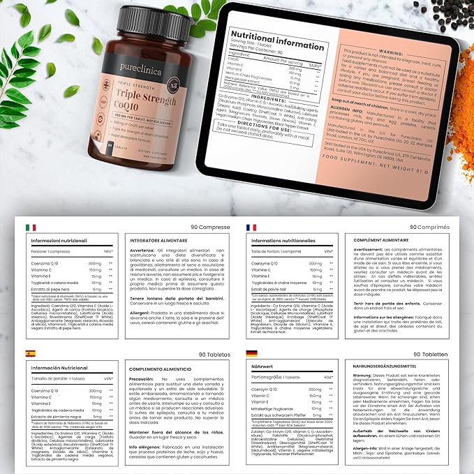 pureclinica Fermented CoQ10 300mg x 90 Tablets. Non GMO, USP Grade. with Added Vitamin C and Black Pepper Extract for Absorption.