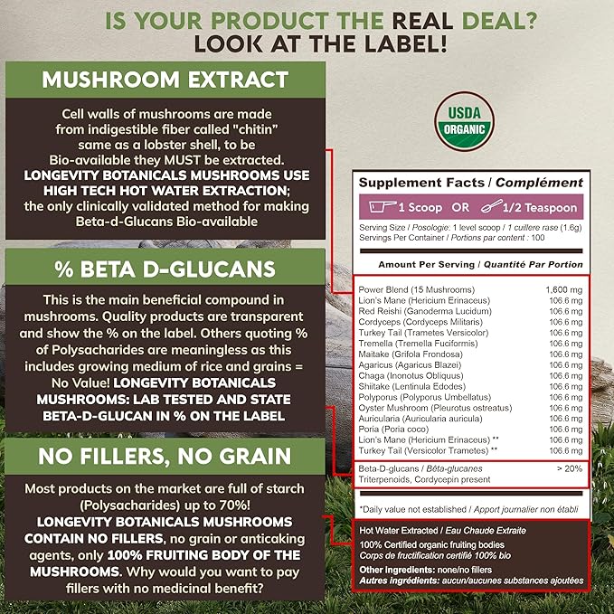 Longevity Botanicals Power 15 Mushroom Blend Extract Powder 100g | Lion’s Mane, Turkey Tail, Reishi, Chaga, Cordyceps, Maitake, Tremella & More | 10:1 Ratio | Complex Mix for Immune & Vitality Support