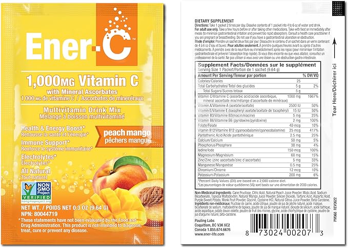 Ener-C Multivitamin Drink Mix - Vitamin Packets for Water, Electrolytes Powder Packets, Vitamin Drink Mix, Hydration Liquid Mix, Immune Booster for Adults, Healthy Energy - Peach Mango, 60 Count