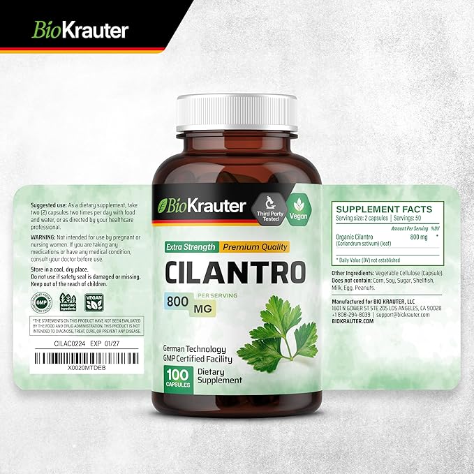 BIO KRAUTER Cilantro Supplement - 800 mg per Serving - 100 Cilantro Capsules - Rich Source of Antioxidants - Natural Cleansing & Detox - Vegan