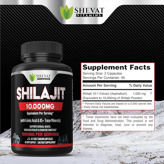 Shilajit Capsules 22000mg and 85+ Trace Minerals for Energy &Immune Support-Organic shilajit for Men & Women Non-GMO Shilajit Pills for Men, Made in USA (Packaging May Vary)