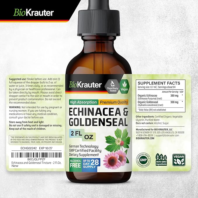 BIO KRAUTER Echinacea and Goldenseal Root Liquid Extract - Natural Immune Support - Echinacea Drops with Goldenseal - Vegan, Alcohol & Sugar Free Tincture - 2 Fl.Oz.