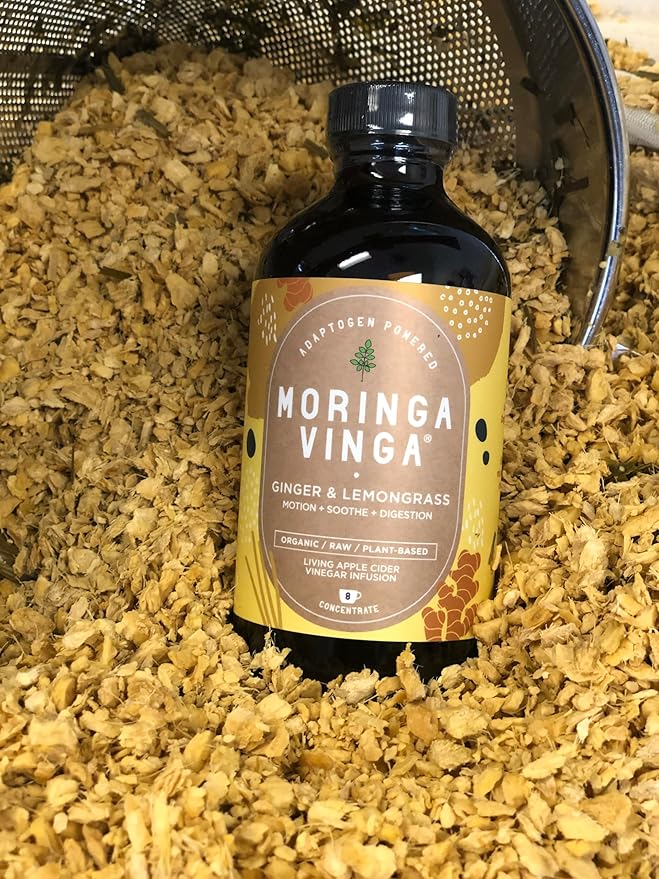 VINGA Organic Ginger & Lemongrass Moringa Infusion – Daily Herbal Tonic with Apple Cider Vinegar, Honey | Supports Motion, Digestion & Relaxation | Non-GMO, 16 oz