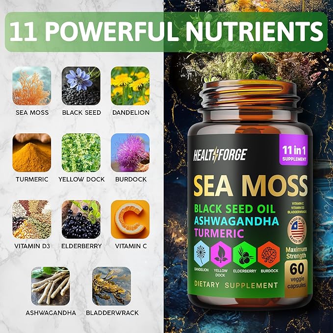 Shilajit, Ashwagandha Capsules & Sea Moss Capsules Black Seed Oil Capsules Ashwagandha, Turmeric - Shilajit for Woman Men Immune Support Rhodiola Rosea, Shilajit 60 Capsules & Sea Moss 60 Capsules Set
