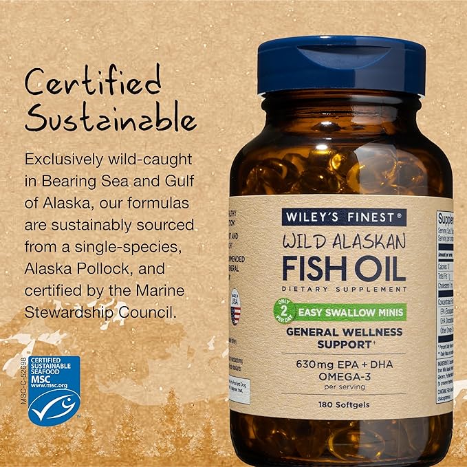 Wiley's Finest Wild Alaskan Fish Oil Easy Swallow Minis - Omega-3 Fish Oil Supplement for Adults and Kids - Double-Strength 630mg EPA and DHA Natural Supplement - 180 Mini Softgels (90 Servings)