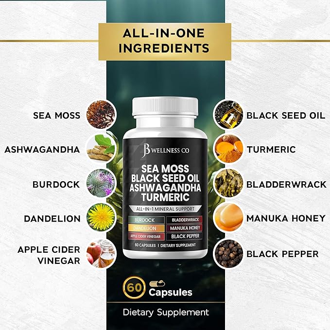 Sea Moss Black Seed Oil Ashwagandha Turmeric Bladderwrack Burdock - with Manuka, Honey Dandelion, ACV Black Pepper Gluten Free- 120 Count