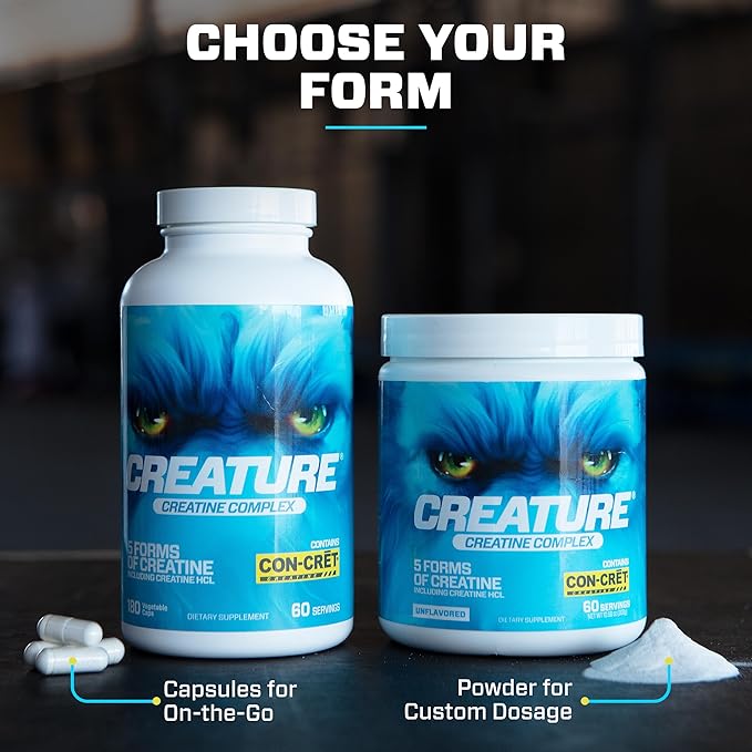 CREATURE® Creatine Complex - Creatine Monohydrate Capsules with 5 Types of Creatine Including Con-Crēt® Creatine HCL, Promotes Muscle, Strength, Endurance, Brain Health, 180 Veggie Caps, 60 Servings