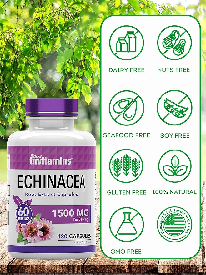 Echinacea Capsules (1500 MG - 180 Capsules) | Supports Health & Well-Being | Echinacea Root Herbal Extract Supplement | Produced in The USA