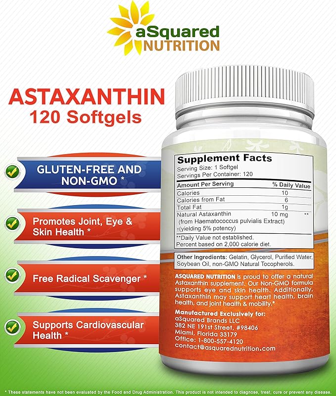 aSquared Nutrition Astaxanthin Supplement - Natural Astaxanthin Pills from Haematococcus Pluvialis Extract for Pure Energy - Max Strength 10mg - 120 Softgels