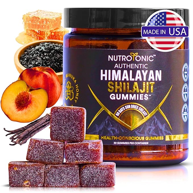 NutroTonic® Organic SHILAJIT Gummies | Peach & Vanilla Flavor | Wild Crafted Manuka Honey MGO +263 | Heart, Brain, Cellular Health | 30 Healthy Gummies | Proudly Made in USA with the Finest Ingredients