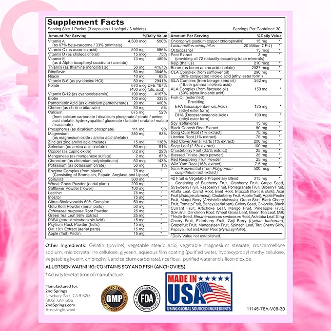 Daily 7 Essentials Women's Vitamin Pack -7 Pack Complete Women's Multivitamin Packet with Energy, Metabolism, Immune System, Women's Health Support with Probiotics, More