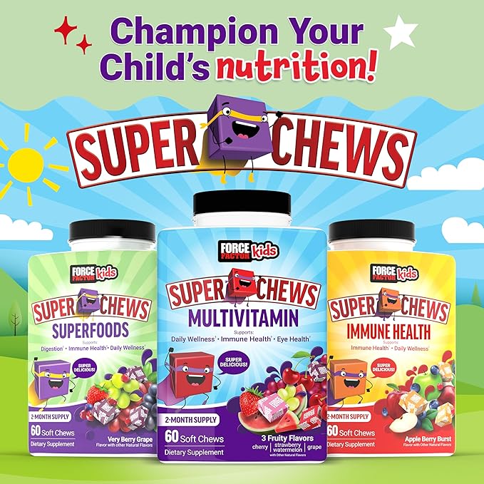 FORCE FACTOR Kids Superfood Super Chews, Kids Vitamins C & D, Immune Support Supplement with Antioxidant Support from Powdered Fruits & Veggies, 2-Month Supply, Very Berry Grape Flavor, 60 Soft Chews