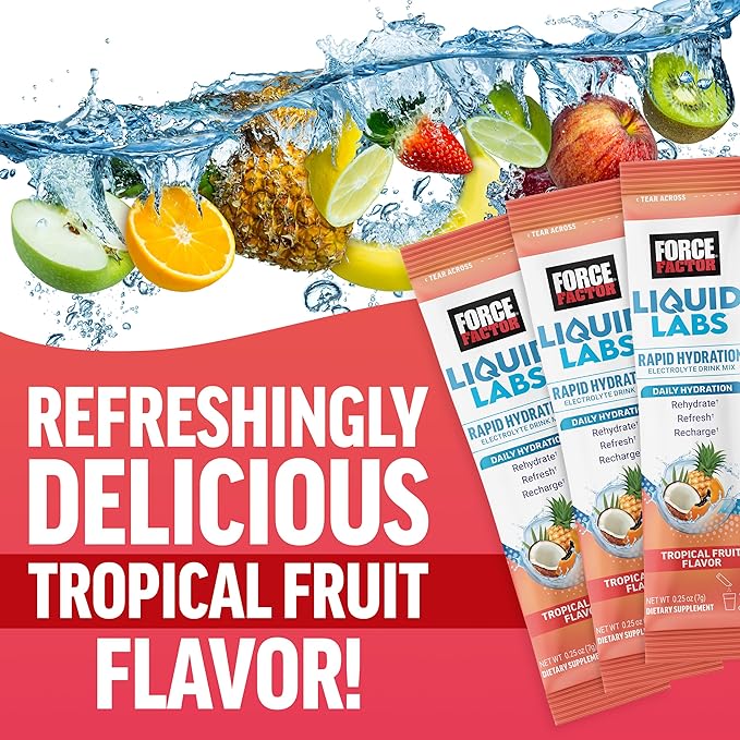 FORCE FACTOR Liquid Labs Electrolytes Powder Packets—Tropical Fruit—Hydration Packets to Make Electrolyte Water, with 5 Essential Electrolytes, Vitamins, Minerals, and Antioxidants, 20 Stick Packs