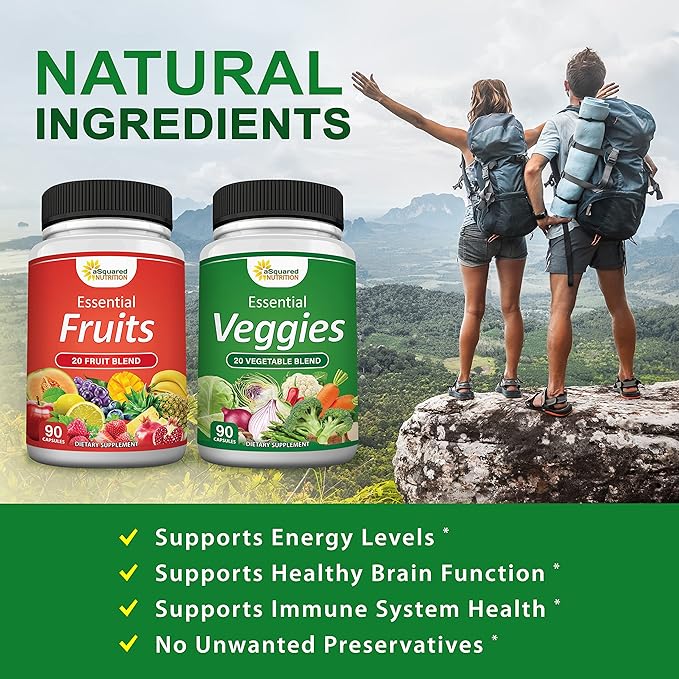aSquared Nutrition Fruits and Veggies Supplement - 90 Veggie & 90 Fruit Capsules - Superfood Vegetable Greens Vitamins Pills - Nature's Super Food Alternative to Powder & Gummies