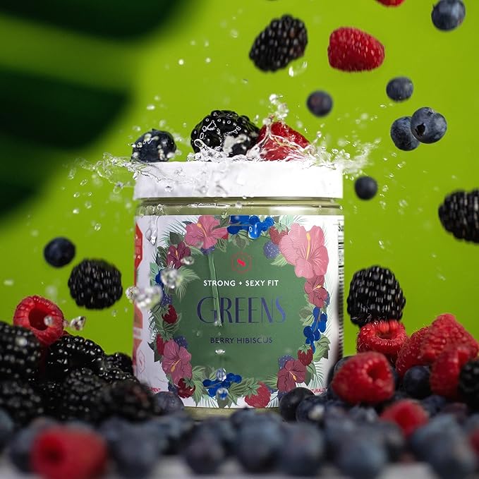 Strong + Sexy Fit Greens Superfood Powder, Green Juice for Gut Health, Energy & Immune Support, Fruit and Veggies Supplement with Wheat Grass, Digestive Enzyme, Vitamin C, 30 SVG, Berry Hibiscus