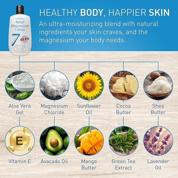 Seven Minerals Magnesium Lotion for Sleep, Soothing Relief & Relaxation - Highly Concentrated Magnesium for Better Sleep, Feet & Joint Care. Non-Greasy Lotion with Skin Friendly Ingredients - 8 fl oz