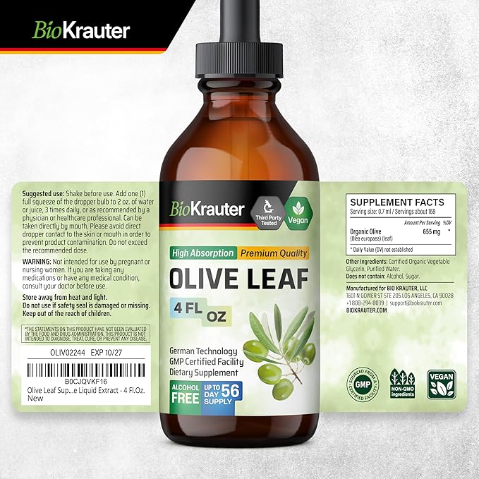 BIO KRAUTER Olive Leaf Extract Liquid - Olive Leaf Tincture for Immune Support - Alcohol and Sugar Free - Vegan Drops 4 Fl.Oz.
