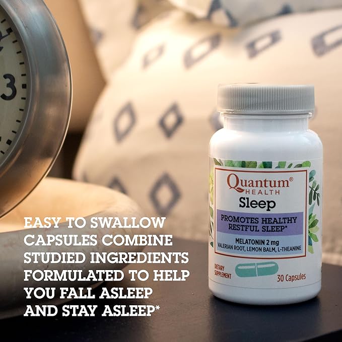 Quantum Health Sleep Melatonin 2mg Healthy Restful Sleep Support Blend with Relaxing Valerian Root, Lemon Balm & L Theanine Daily Mind & Body Well Being for Women & Men - 30 Capsules
