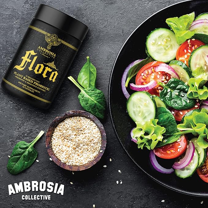 Ambrosia Flora Digestive Enzymes with Probiotics and Prebiotics, Plant Based Gut Health Supplement, 32 Billion CFU, Vegan Probiotic for Digestive Health (30 Servings)