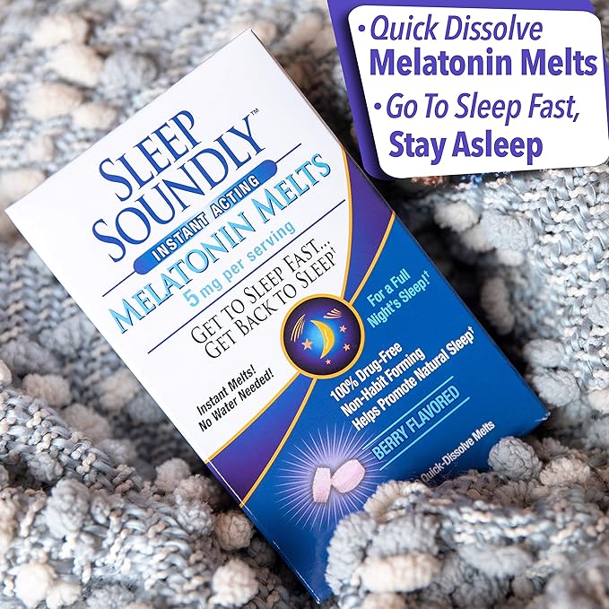 Sleep Soundly Melatonin Melts 5 mg Berry Flavor, Night time Sleeping Aid for Adults, Fast Acting Sleep Formula, 60 Count, White