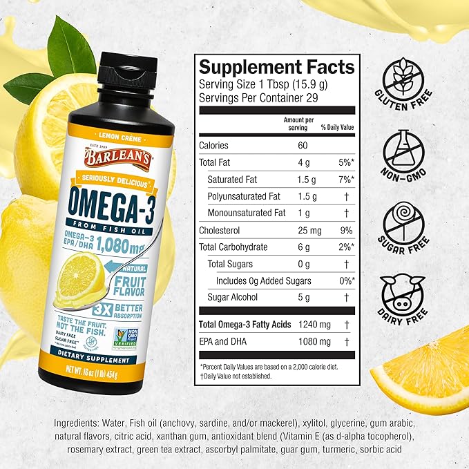 Barlean's Omega 3 Fish Oil Liquid Supplement, Lemon Crème, 1080mg of Omega 3 EPA and DHA Fatty Acid, 16 oz