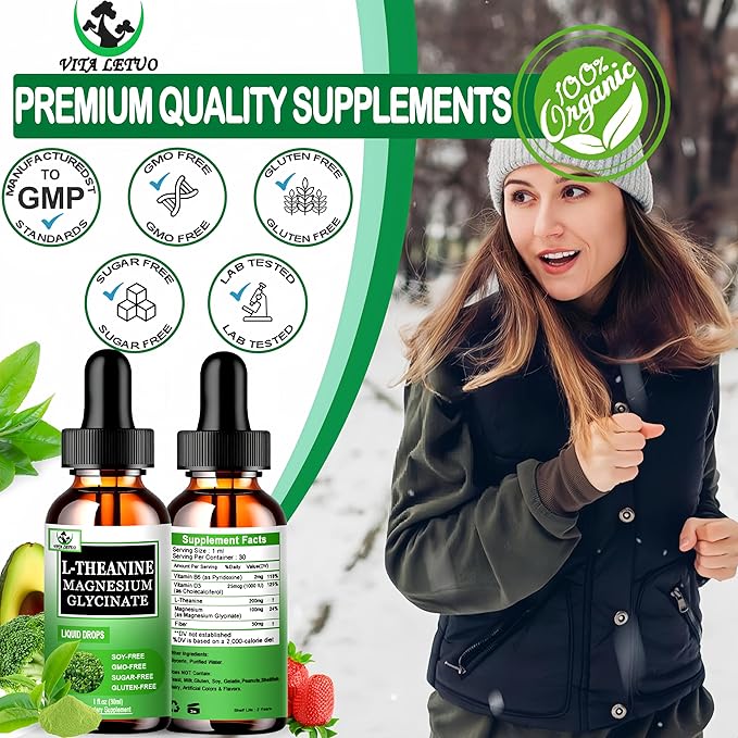 L Theanine Drops, Liquid L-Theanine Supplement 200mg w/Magnesium Glycinate,Vitamins,Fiber for Relaxation,Sleep,Digestion, Calm,High Absorption Mood Support for Adults & Kids,Plant Based,Non-GMO