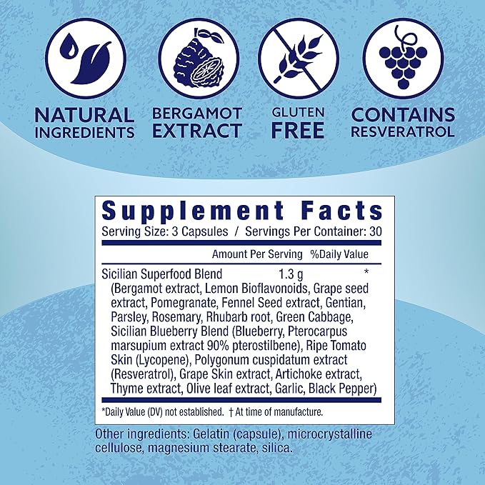 Healthy to 100, Sicilian Secret Mediterranean Diet, Superfood, Supports Healthy Lifestyle, (with Resveratrol, Rosemary, Grape Seed Extract, Bergamot Extract) Boost Immunity, 90 Capsules, 30 Servings