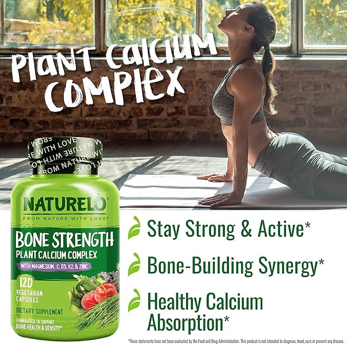NATURELO Calcium Supplement - with Vitamin C, Vitamin D3, K2, and Calcium Magnesium Zinc for Bone Strength with Calcium 600mg - Plant-Based, 240 Vegetarian Capsules, Non-GMO, Soy & Gluten-Free