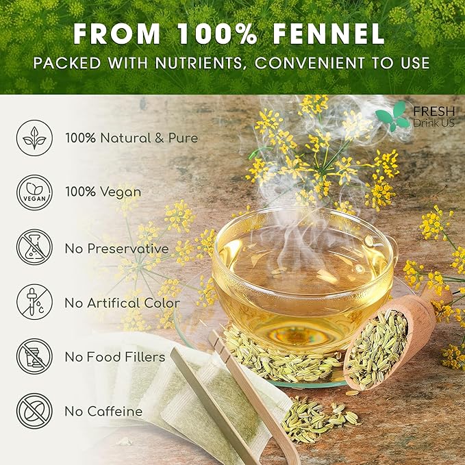 FreshDrinkUS, Premium 55 Fennel Tea Bags, 100% Natural & Pure from Fennel Seeds. Fennel Seed Herbal Tea. Fennel Seed Tea. Made with Natural Material Tea Bags. No Sugar, No Caffeine, No Gluten, Vegan.