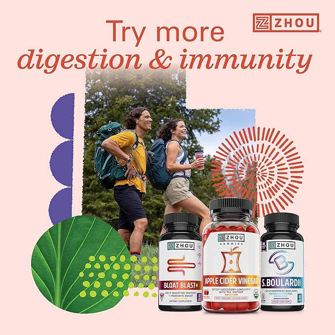 ZHOU Nutrition Gut Guru Prebiotics and Probiotics for Women and Men, 2 in 1 Probiotic and Prebiotic Gummies for Digestive Gut Health and Immune Support, Vegan, Gluten Free, Non-GMO, 60 Count
