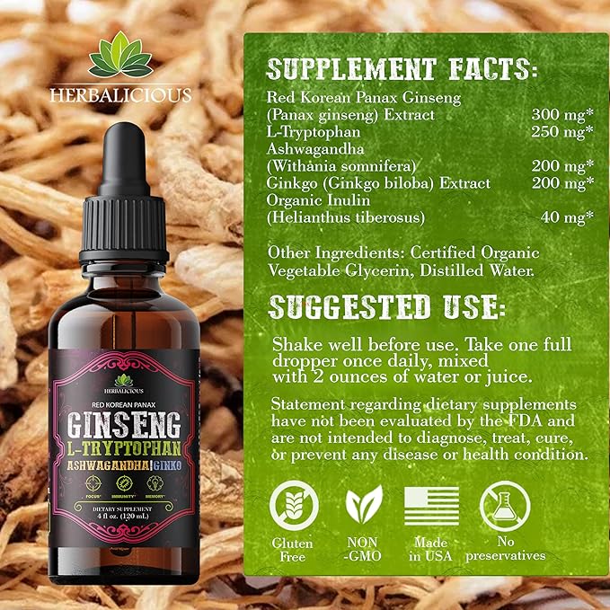 Ginseng L-Tryptophan Liquid - Ashwagandha, Ginkgo, Red Korean Panax - Drops Dietary Supplement Natural Stress Relief, Mood Booster, Sleep Aid & Calming Support - Non-GMO Vegetarian Formula (4 fl oz )