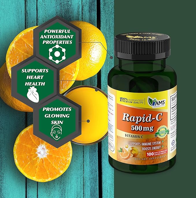 America Medic & Science Rapid-C 500mg Vitamin C Supplement (2 Pack of 100 Tablets) Energy Booster, Daily Immune System Support, Antioxidant | Vegan, Non-GMO Coated Ascorbic Acid for Adult Men & Women