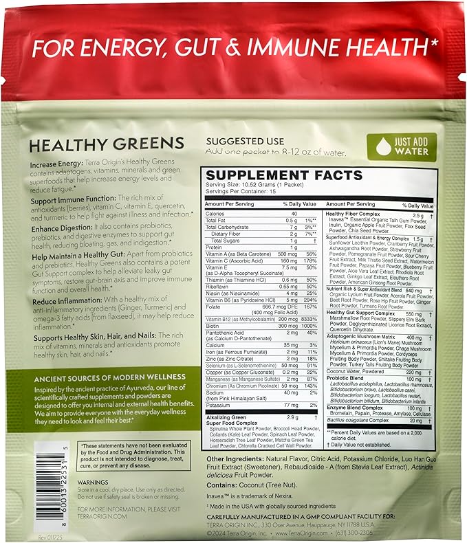 TERRA ORIGIN Greens Powder Packets | 74+ Vitamin and Superfoods | Supports Gut Health, Bloating, and Energy | with Antioxidant, Digestive Enzymes, Adaptogens | Kiwi Strawberry (15 Packets)