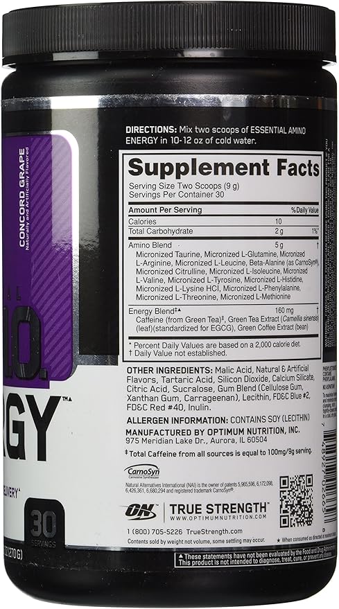 Optimum Nutrition Essential Amino Energy Concord Grape - 30 Servings, 9.5 oz