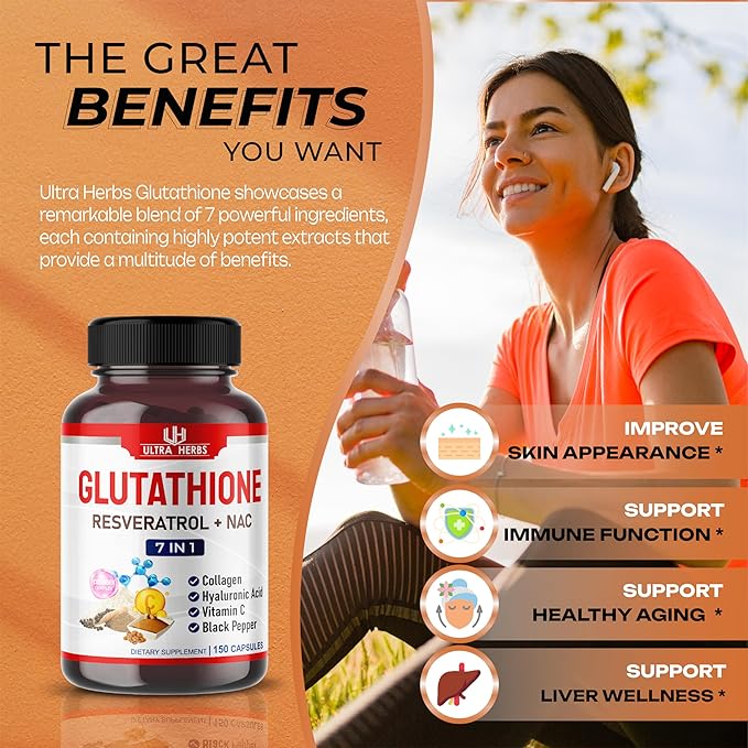 Glutathione Supplement Active Reduced Form, Enriched with Resveratrol, NAC, Collagen, Hyaluronic Acid, Vitamin C - Advanced Antioxidant for Immunity & Detox | 150 Capsules