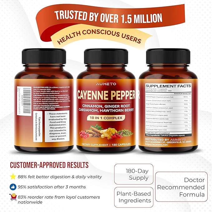 Cayenne Pepper Capsules - Ultra Complex with Cinnamon, Ginger, Cardamom, Hawthorn Berry - Support Digestion, Circulation & Overall Wellness (180 Count (Pack of 1))