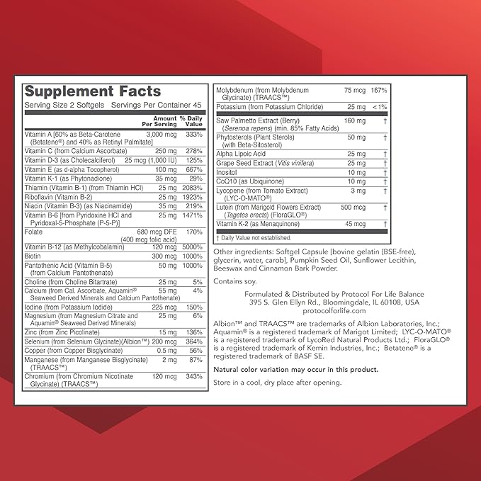 PROTOCOL FOR LIFE BALANCE Ortho Multi Softgels for Men - Multivitamin for Prostate Health - with Saw Palmetto, Zinc & CoQ10 - Men Daily Multivitamin - Iron Free - 90 Softgels