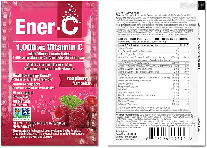 Ener-C Multivitamin Drink Mix - Vitamin Packets for Water, Electrolytes Powder Packets, Vitamin Drink Mix, Hydration Liquid Mix, Immune Booster for Adults, Healthy Energy - Raspberry, 60 Count