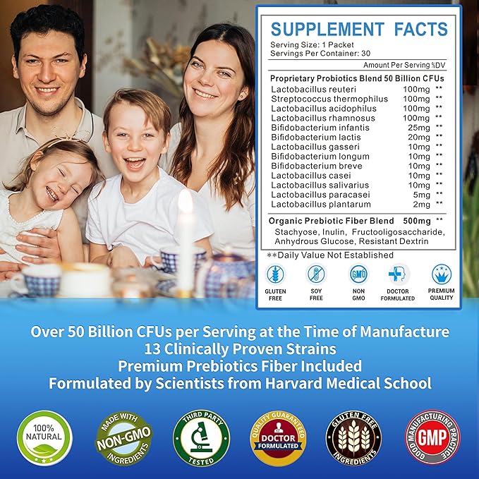 ZEBORA Probiotics for Women, Men and Kids, Prebiotics and Probiotics Powder for Digestive and Immune Gut Health - Support Healthy-Respiratory-System Gluten Free and Non GMO, 30 Packets