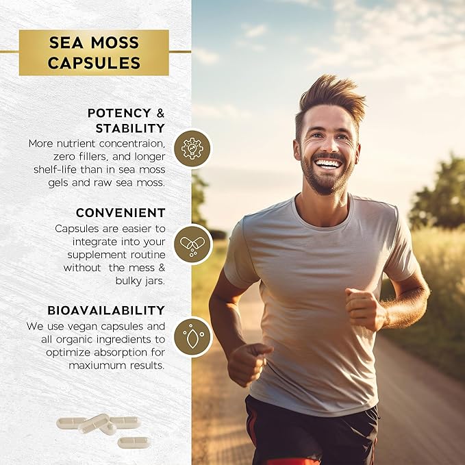 Sea Moss Black Seed Oil Ashwagandha Turmeric Bladderwrack Burdock - with Manuka, Honey Dandelion, ACV Black Pepper Gluten Free- 120 Count